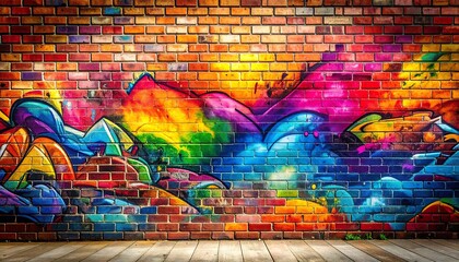 Colorful Graffiti Art on Brick Wall with Wooden Floor.