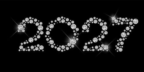Vector. Silver numbers with diamonds, precious stones on a black background. Luxury elegant Christmas 2027 greeting card, banner, party invitation for jewelry stores, beauty salons, for women.