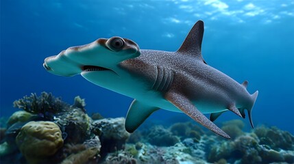 A gray shark glides gracefully through the blue waters, surrounded by a colorful coral reef ecosystem.