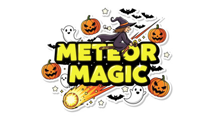 Meteor Magic: A whimsical illustration with a witch on her broom flying over a meteor shower alongside grinning pumpkins and spectral ghosts, evoking a sense of enchanting halloween magic.