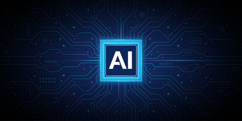 Artificial Intelligence cyber background. Dark AI chip technology innovation web banner concept. Processor CPU with glowing neon frame on circuit board