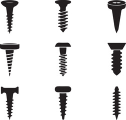 Silhouette icons set of screws on transparent background