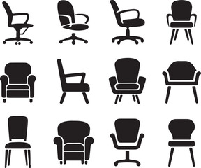 Silhouette icons set of office chairs on transparent background