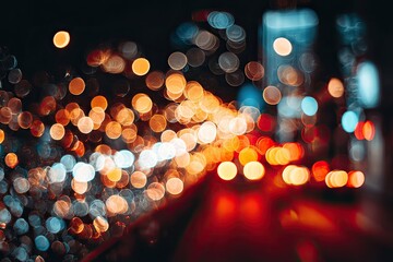 Abstracted photo showcasing blurry city lights with orange, white, and blue bokeh against darkness
