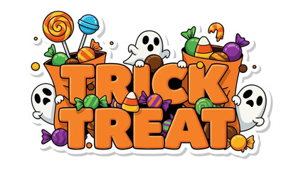 Festive Halloween Treats: An illustrated assortment of candies and playful ghosts adorn the festive message Trick or Treat, evoking the thrill and spirit of Halloween. 