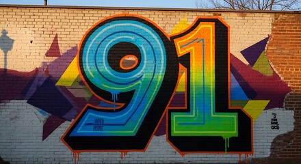 Colorful Graffiti Number 91 on Brick Wall.