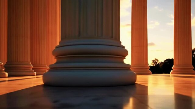 A low-angle view captures classical columns bathed in warm sunlight, facing a sunlit horizon