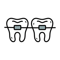 Two Cartoon Teeth with Braces in Black Outline Isolated on Transparent Background Dental Care and Orthodontic Treatment Simple Flat Doodle Style