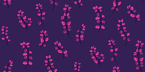 Seamless vector pattern with bright pink floral branches on a deep purple background. Bold, modern, and decorative design for fabric, wrapping paper, wallpaper, or stationery