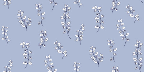 Seamless vector floral pattern with delicate white wildflower branches on a soft blue background. Minimal, elegant ornament, for fabric, wallpaper, or stationery design