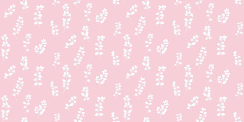Seamless vector pattern with delicate white botanical stems on a soft pink background. Minimal and elegant design for textiles, wallpapers, stationery,