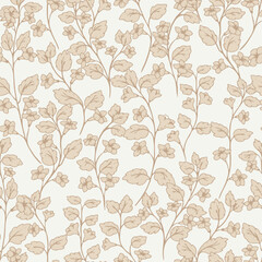 Seamless vector pattern with delicate beige flowers and leaves on a light background. Elegant botanical design for textiles, wallpapers, packaging, and vintage decor