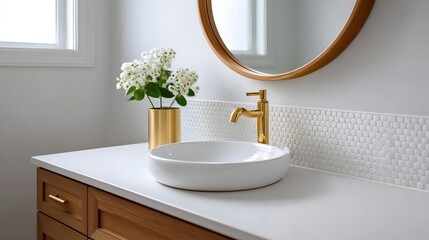 Spacious and stylish bathroom featuring a white vanity with a circular vessel sink, a gold-toned faucet, and a round mirror over a tiled backsplash.