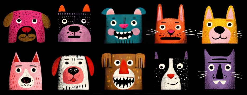 Ten stylized animal portraits with square heads and diverse colors arranged in a row against a black background - Powered by Adobe