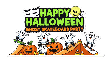 Halloween Ghost Skateboard Party: An exciting Halloween scene. A spooky Halloween gathering featuring cheerful ghost characters and pumpkin amidst festive decorations.