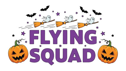 Spooky Squad in Halloween: A playful illustration captures the eerie spirit of Halloween. Featuring a friendly ghost flying on a broom and pumpkins, decorated stars and black bat.