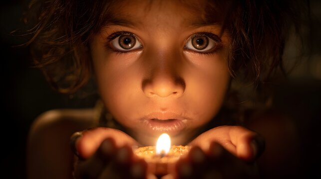 Child holding candle light in darkness close up portrait stock photo and images hd