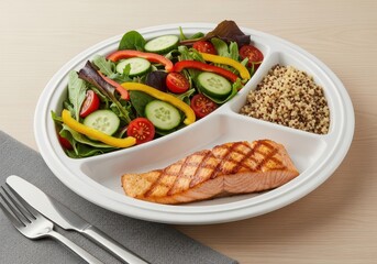 Healthy grilled salmon with quinoa and fresh salad on a divided plate, a balanced meal for a nutritious diet