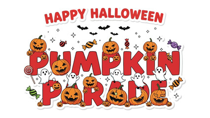 Spooky Halloween Parade: Festive Happy Halloween and Pumpkin Parade design, featuring a gathering of smiling pumpkins, cheerful ghosts, delightful candies, and hovering bats.