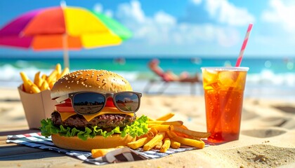 Funny concept of a cheeseburger wearing sunglasses on a sunny beach with fries and iced tea, representing summer fun, vacation mood, and creative food art.