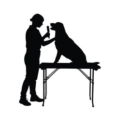 Silhouette of a dog groomer brushing a dog