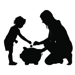 Silhouette of a mother and child saving money in a piggy bank