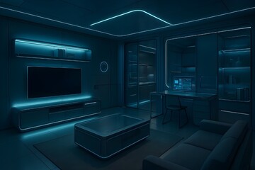 A futuristic apartment interior with high-tech smart furniture