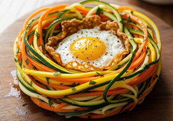 Healthy breakfast nest with fried egg in spiralized zucchini and carrot noodles on a wooden board