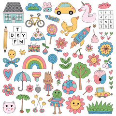 Colorful doodle set with house, car, unicorn, rainbow