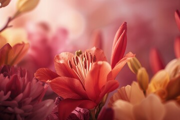 Obraz premium Abstract floral background featuring spring stamens and pistils in vibrant red, pink, and yellow hues