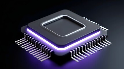 Close-up view of a futuristic microchip design featuring a minimalist geometric pattern and glowing LED lights in a dark, industrial setting