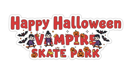 Happy Halloween Vampire Skate Park: Spooky and fun illustration for Halloween, showcasing vampire skating and pumpkin and bat decoration.