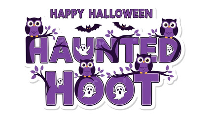 Halloween Haunted Hoot Invitation: A whimsical Halloween-themed illustration features Haunted Hoot text, adorable owl perched on branches, and playful bats with ghosts.