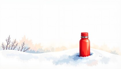 Red thermos on snow in winter landscape with soft background  