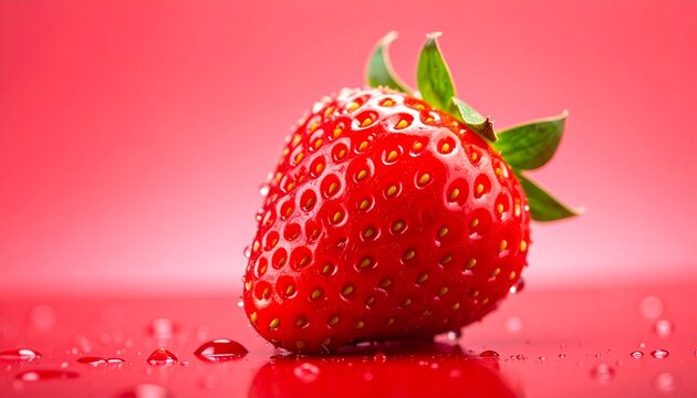 A fresh and juicy single red strawberry with green leaves, glistening with water droplets on a vibrant, reflective red background