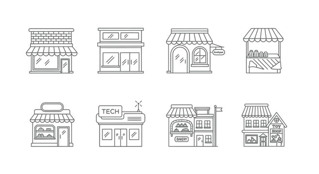 Collection of simple hand drawn storefronts and shops for business and retail concepts vector