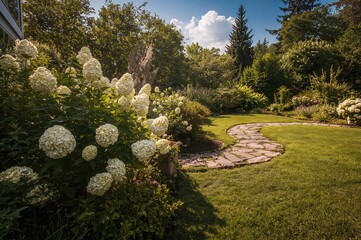 Private summer garden featuring vibrant Annabelle hydrangeas, rich lawn borders, and an elegant walkway. Landscape architecture.