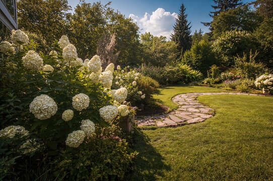 Fototapeta Private summer garden featuring vibrant Annabelle hydrangeas, rich lawn borders, and an elegant walkway. Landscape architecture.