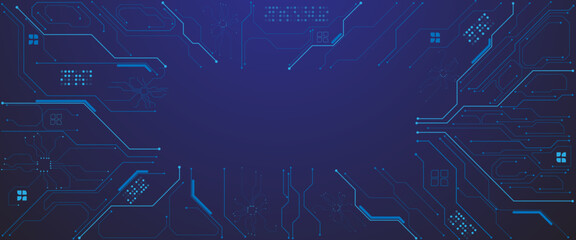 Vector circuit board frame with an empty place in the canter on a technology blue background. Technology lines circuit and dots on blue background, circuit board network connection.