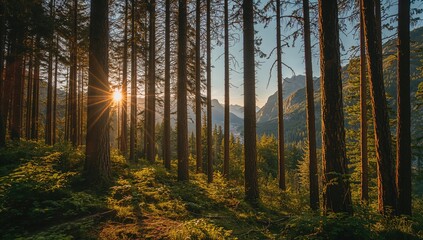 Obraz premium Sun rays filtering through tree trunks in a woodland area