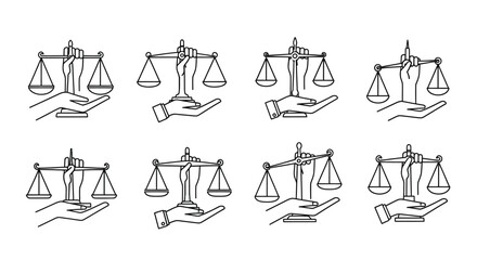 Hand holding scales of justice symbolic representation concept art sketches collection vector