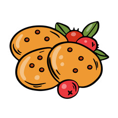 Illustrations of oatmeal cookies with chocolate filling and cranberries.