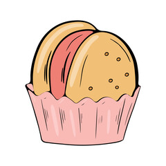 Illustration of macarons in plain paper packaging.