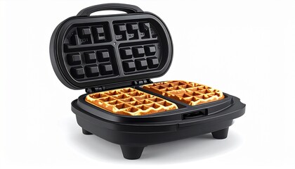A realistic waffle maker with open lid showing nonstick plates and detailed hinge isolated on white background
