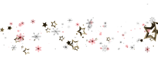 Elegant festive design with gold, red and gray star shapes and snowflakes floating on a clean white backdrop. Ideal for holiday and celebratory