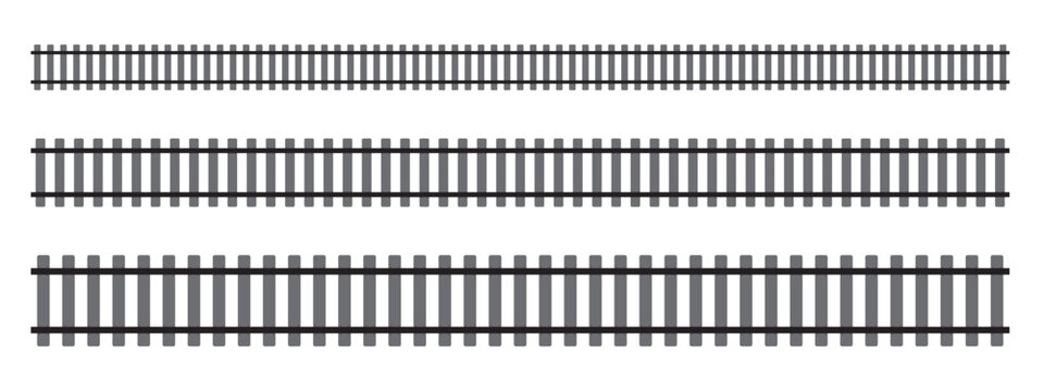 Set of railroad segments. Rail road elements top view. Train track straight lines isolated on white background. Fence or stairs texture. Vector graphic illustration