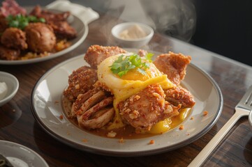 Fototapeta premium Unique savory salted egg chicken dish with tender meat served on a plate
