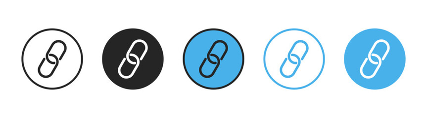 Vector link and chain icon set with isolated buttons and symbols for web, network, and cyberspace. Includes security, communication, attach, share, social media, interface, and website design elements