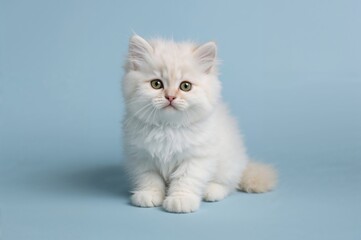 Blue backdrop featuring a fluffy forest kitten
