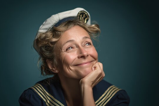 Joyful middle aged woman in sailor outfit studio portrait